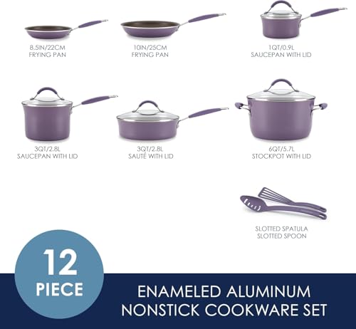 Rachael Ray Cucina Nonstick Cookware Pots and Pans Set, 12 Piece, Lavender Purple