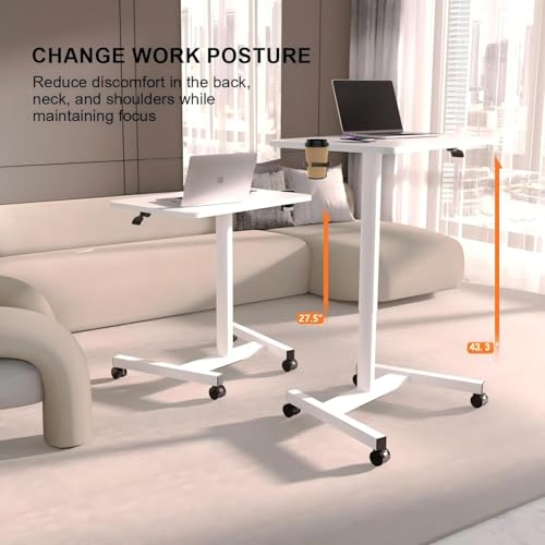 MPETAPT 28-Inch Mobile Standing Desk, Computer Workstations with Cup Holder, Portable Standing Desk with Lockable Wheels, Rolling Table for Home Office Classroom Hospital (Snow-White, Steel Classic) MPETAPT