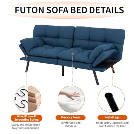 MUUEGM Futon Sofa Bed 71" Convertible Memory Foam Royal Blue Futon Couch Bed Modern Loveseat Sleeper with Adjustable Backrests Armrests for Living Room,Small Space,Office MUUEGM