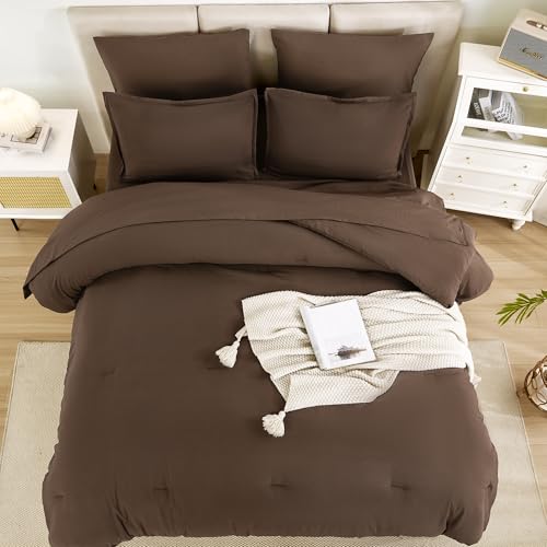Litanika Queen Comforter Set Brown - 7 Pieces Bed in a Bag Queen Bedding Comforter Sets, Solid Lightweight Bed Set with Comforter, Sheets, Pillowcases & Shams Litanika