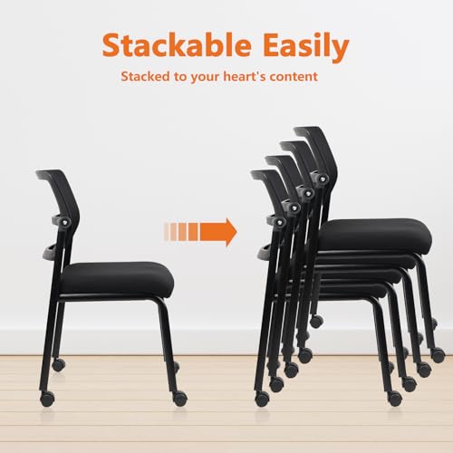 CLATINA Stacking Armless Office Waiting Room Chair with Wheels, Stackable Mesh Guest Reception Desk Chairs with Adjustable Backrest for Conference Lobby Side School, Black, 4 Pack CLATINA