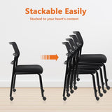 CLATINA Stacking Armless Office Waiting Room Chair with Wheels, Stackable Mesh Guest Reception Desk Chairs with Adjustable Backrest for Conference Lobby Side School, Black, 4 Pack CLATINA