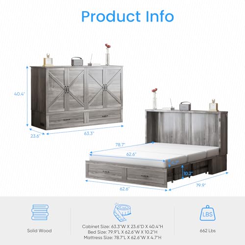PUREMIND Murphy Bed Queen with Mattress Included, Bedroom Cabinet Beds with USB Charging Station, Murphy Chest Bed with Storage Drawers, Horizontal Wallbed for Guest Room Grey PUREMIND