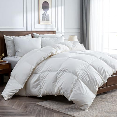 Lightweight Goose Feather Down Fiber Comforter Oversized King, 750 FP Cloudy-Fluffy Duvet Insert, Ultra-Soft Pima Cotton Blend Cover, Hotel Luxury Comforter for Hot Sleepers, White, 120x98 Inches