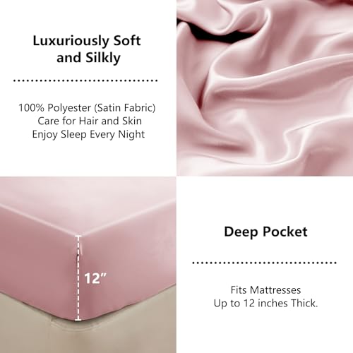 CozyLux Satin Fitted Sheet Twin Size, Pink Silky Satin Bed Fitted Sheet Only with Silky Microfiber, Deep Pocket, Single Bottom Sheet Sold Separately, Breathable, Smooth and Soft CozyLux
