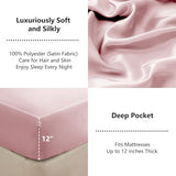 CozyLux Satin Fitted Sheet Twin Size, Pink Silky Satin Bed Fitted Sheet Only with Silky Microfiber, Deep Pocket, Single Bottom Sheet Sold Separately, Breathable, Smooth and Soft CozyLux