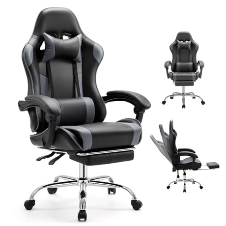 DUMOS Ergonomic Gaming Office Desk Chair with Footrest and Headrest for Adults, PU Leather Video Computer Chair with Linkage Armrests, Height Adjustable 360° Swivel Recling Chair, Black Grey DUMOS