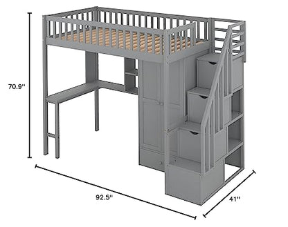 Twin Loft Bed with Storage, Desk, and Wardrobe by Harper & Bright Designs - Grey Solid Wood Frame - WoodArtSupply