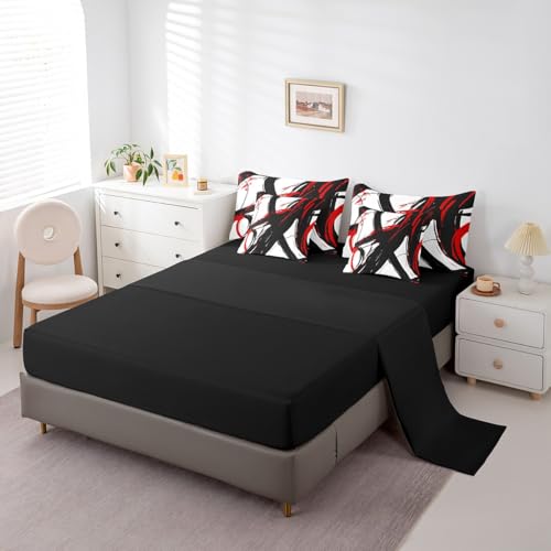 Feelyou Abstract Art 7 Piece Bedding Set Queen Size Kids Red Black Modern Geometric Print Bed in a Bag for Boys Girls Teens Minimalist Ink Line Comforter Set with Sheets Soft Microfiber Feelyou
