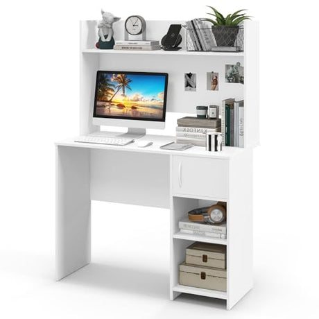 Tangkula Computer Desk with Hutch, Home Office Desk with Raised Display Shelf & 2 Open Shelves, Cabinet with Door, Cable Management Holes, Modern Laptop PC Desk, Study Writing Desk for Bedroom Tangkula