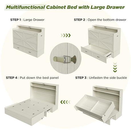 Maupvit Queen Size Murphy Bed, Foldable Bed with Charging Station and Storage Drawer, Farmhouse Platform Bed Cabinet for Guest Room, Living Room, Office, Small Spaces, Space Saving, Vintage White Maupvit