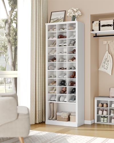 Hzuaneri 11 Tiers Shoe Storage Cabinet, Tall Shoes Cabinet with Cubby, Freestanding Wooden Shoe Organizer, 30-33 Pairs, Shoes Cubby Organizer for Entryway, Bedroom, White 02001BSR Hzuaneri