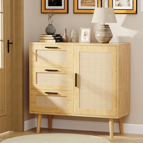 KFO Storage Cabinet, Rattan Sideboard Cabinet with 3 Drawers & Door, Wooden Buffet Cabinet for Living Room, Dining Room, Hallway, Kitchen, Entryway… KFO