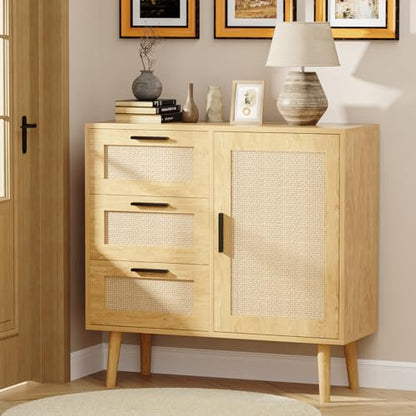 KFO Storage Cabinet, Rattan Sideboard Cabinet with 3 Drawers & Door, Wooden Buffet Cabinet for Living Room, Dining Room, Hallway, Kitchen, Entryway… - WoodArtSupply