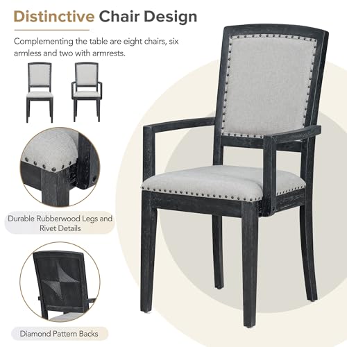 Merax 9 Pieces Dining Table Set, Rustic Extendable 84inch Dining Table Set with 24inch Removable Leaf, 6 Upholstered Armless Dining Chairs and 2 Padded Arm Chairs, Black+Gray Cushion Merax