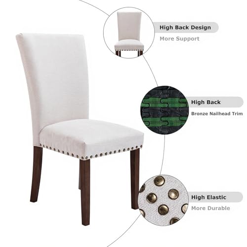 Set of 6 Beige Upholstered Dining Chairs – Farmhouse Kitchen Chairs with High Back, Solid Rubberwood Legs, Padded Foam Seat & Bronze Nailhead Trim, Comfortable Dining Room Chairs for Home COLAMY