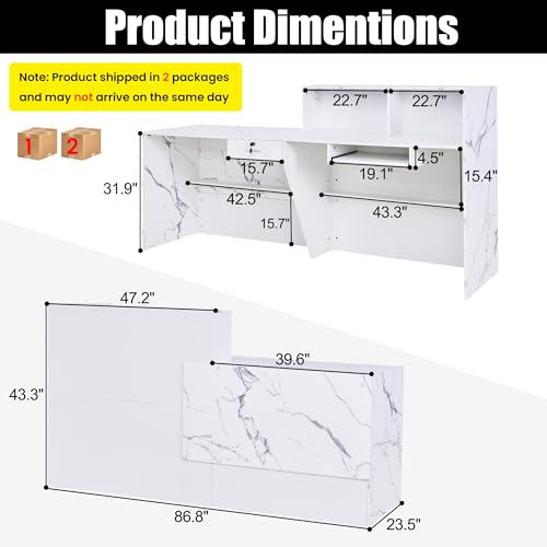 86.8" Modern Reception Desk, Large Front Table with Lockable Drawer,Keyboard Tray and Shelves,Receptionist Desk for Corporate and Hotel Lobbies (Marble White, 86.8" Lx23.5 Wx43.3 H)