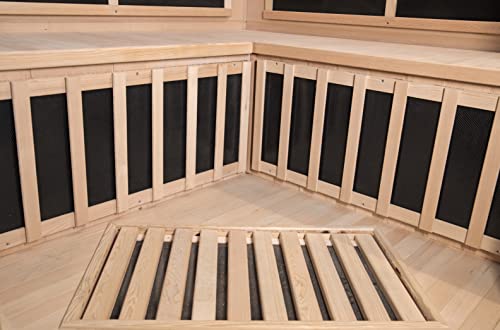 Heat Wave 3 Person Sauna Corner Fitting Infrared FIR FAR 7 Carbon Heaters Hemlock Wood MP3 Player 2 Speakers Color Therapy Light LED Control Panel Heat Wave