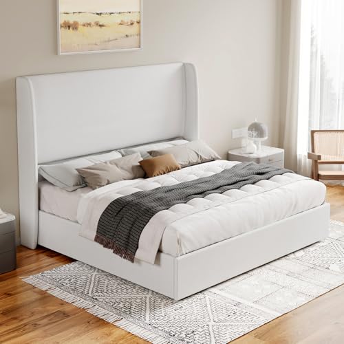 Jocisland King Size Bed Frame with Storage - Upholstered Lift Platform Bed, Wingback Headboard, Hydraulic System, No Box Spring Needed, Wood Slats Support, White Jocisland