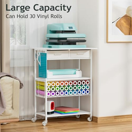 Homsorout Movable Heat Press Table - Heat Transfer Machine Stand Compatible for Cricut, Vinyl Roll Holder, Rolling Metal Wood Sublimation Printer Organizer for T Shirt Maker Craft, 23.6''×19.6'' Homsorout