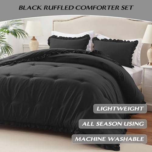 HARBOREST Queen Comforter Ruffle Black, Fluffy Queen Bedding, 3 Pieces Shabby Chic Comforter Set(1 Comforter & 2 Pillow Shams) HARBOREST