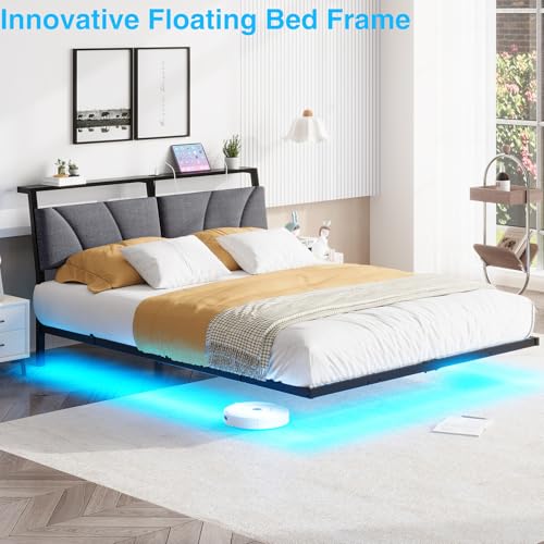Floating Queen Bed Frame with Storage Headboard Charging Station and Led Lights,Platform Bed Frame Queen Size with Upholstered Headboard,No Box Spring Needed,Heavy Duty Meal Slats Support,No Noise SOLACECASA