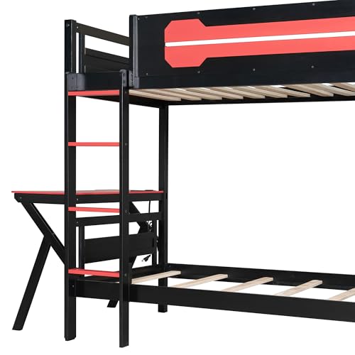 NCKMYB Bunk Bed with 2 Built-in Gaming Desks, Features USB Ports, Desktop Pegboards & Shelves, Space-Saving Loft Frame for Gaming Rooms & Small Spaces (Red+Bunk+Twin) NCKMYB
