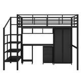 Metal Loft Bed Full Size with Desk, Wardrobe, Storage Cabinet, Ladder,Stairs and Guardrail, Sturdy Framework, No Noise Merax