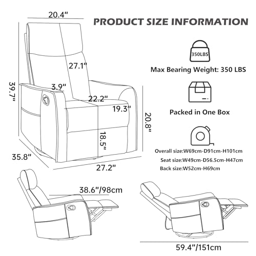 Trustyue Swivel Rocker Recliner Chair, 360° Swivel Recliner with Heat and Massage, Rocker Recliner Nursery Glider Chair with Side Pockets for Living Room (Khaki, Fabric)