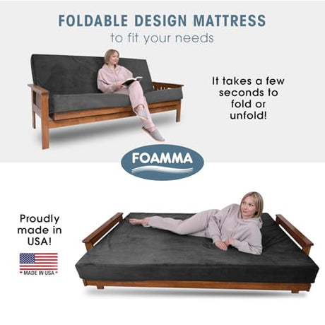 Foamma Memory Foam Futon Mattress, Double-Sided Foldout Couch Futon Mattress, 6" x 54" x 74" Full Size (Charcoal), Corduroy Fabric - Heavy Duty Sofa Bed, Thick Corded Cushion (Frame NOT Included) Foamma
