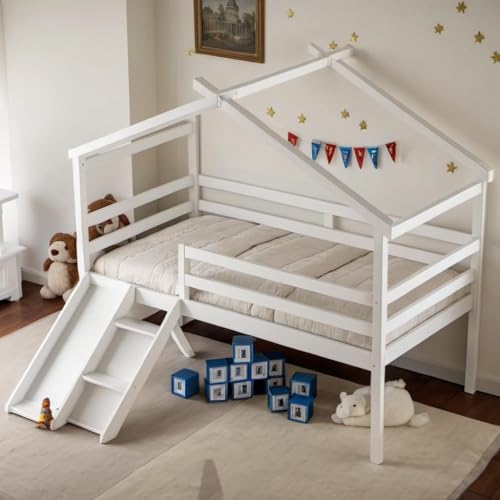 PVWIIK Twin Size Low Loft Bed with Slide for Kids,Girls,Boys Bedroom,Wood House Roof Frame with Inclined Ladder,Easy to Assemble,Under Bed Storage,White PVWIIK