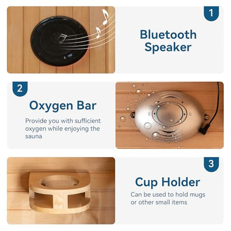 WOODBRIDGE Infrared Sauna Room 2 Person Japanese Cedar Indoor Corner Sauna with 7 Carbon Heaters, Red Light Therapy,Bluetooth Speaker,Intelligent Dual Control System,Tempered Glass,Exterior Brim Light WOODBRIDGE
