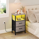 Vagusicc Night Stand Set 2, LED Nightstand with Charging Station, Bedside Table with USB Ports & Outlets, 24.2" Tall End Table with open Shelf, Bed Side Table with 2 Fabric Drawers for Bedroom, Greige Vagusicc