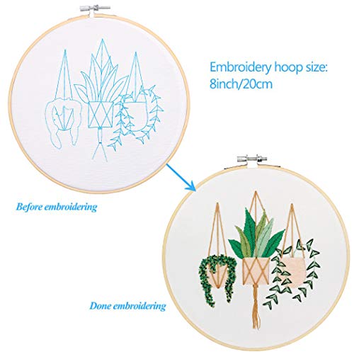 Kissbuty Embroidery Starter Kit with 3 Pcs Fabric & Patterns, Bamboo Hoop, Color Threads Tools (Plants Flowers)