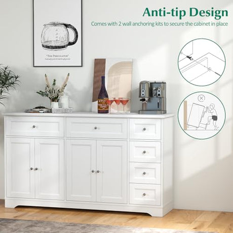 Giantex Large Buffet Cabinet with Storage, 59” Kitchen Cabinet with 4 Doors, 6 Drawers & 2 Adjustable Shelves, Modern Sideboard for Living Room, Coffee Bar, White Giantex