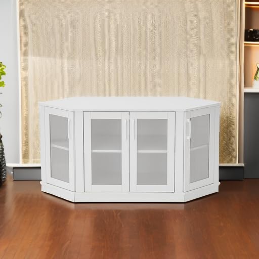 Panana Corner TV Stand, 47 Inch TV Media Console Table with 4 Doors and Shelves, Living Room Storage Entertainment Center for TVs up to 51 Inch (White)