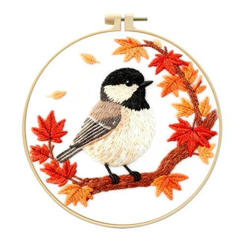 Zhenqing Black-Capped Chickadee Embroidery Kit for Beginners, Pre-Printed 29x29cm Cotton Fabric with 20cm Hoop, Autumn Bird and Maple Leaves Design (C0212)