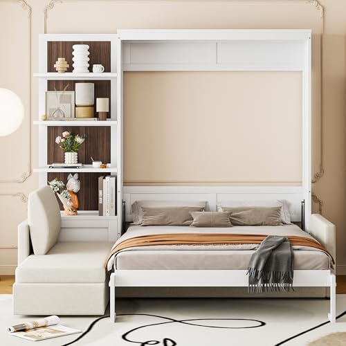 JIVOIT Queen Size Murphy Bed with Sofa, Space-Saving Wall Bed with Shelves, Murphy Chest Bed Can Be Folded Into A Cabinet, Hidden Murphy Bed Chest for Home Office (White/468) JIVOIT