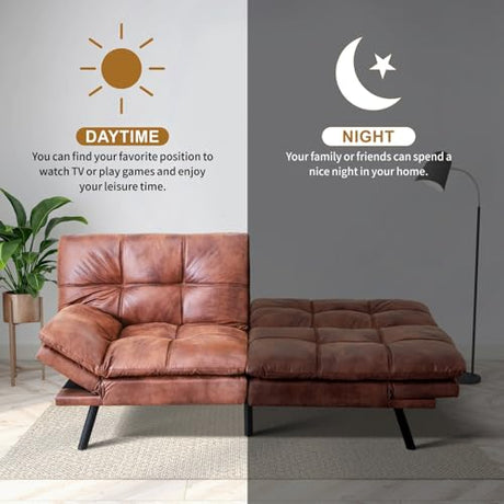 MUUEGM Convertible Memory Foam Sofa Bed with Adjustable Backrest & Armrest, Modern Futon Couch for Living Room, Office, Apartment, Space-Saving Design, Easy Assembly,Brown Leather MUUEGM