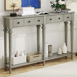 Knocbel Retro Console Table with 4 Drawers and Open Shelf, Vintage Sofa Tables with Slim Legs for Entryway Living Room 59.8" W x 11" D x 34" H Grey Wash Knocbel
