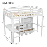 PVWIIK Full Size Loft Bed with Desk & Storage Shelves & Storage Drawers for Kids,Teens,Adults,High Loft Bed with Built-in Ladder & Guardrails,Space Saving,White PVWIIK