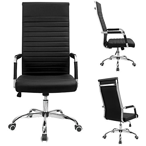 Furmax Ribbed Office Chair High Back PU Leather Executive Conference Chair Adjustable Swivel Chair with Arms, Black Furmax