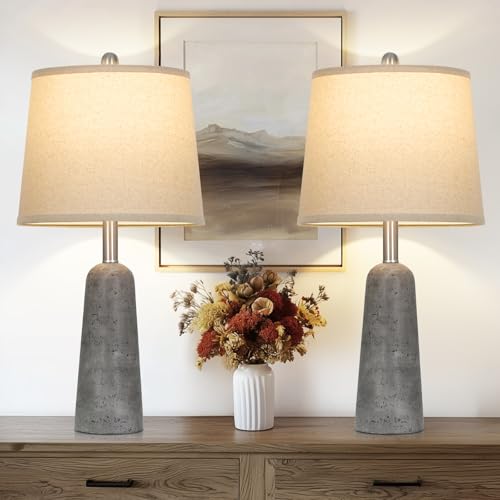 Rinweey 24" Modern Concrete Table Lamps Set of 2, Faux Stone Bedside Lamps for Bedroom, Travertine Inspired Nightstand Lamps for Living Room End Table, Gray (2 LED Bulbs Included) Rinweey