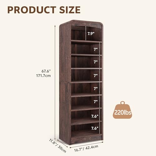 Homiflex Tall Shoe Cabinet, 8 Tiers 16 Pairs Wooden Shoe Rack with Adjustable Shelf, Freestanding Shoe Closet Shoes Organizer Cabinet for Entryway, Hallway, Living Room, Espresso Homiflex