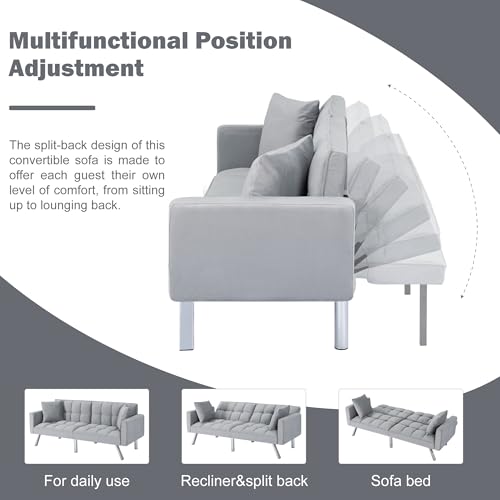 78" Modern Sofa Bed Futon,Convertible Sleeper Bed Couch with 4 Reclining Backrest,Comfy Velvet Cloud Sofa Loveseat for Living Room Bedroom Office (Grey) Anwick