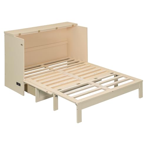 Merax Full Size Murphy Bed with Charging Station and Large Storage Drawer, Foldable Pull Out Murphy Chest Bed for Apartments, Bedrooms, Studio, No Spring Box Needed, Gold Merax