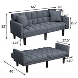 JUMMICO Modern Tuft Futon Sofa Bed Couch Convertible Loveseat Sleeper Reclining Futon Twin Size with Arms and 2 Pillows for Living Room (Blue) JUMMICO