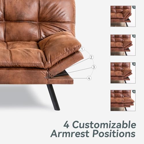 AMICLIBER Futon Sofa Bed Convertible Couch, Brown Faux Leather Sofa Bed with Memory Foam, Adjustable Backrest & Armrests, Multifunctional Small Loveseat Sleeper Sofa for Living Room, Apartment, Office AMICLIBER