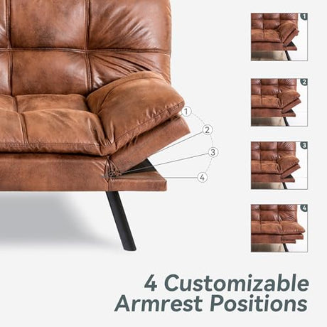 AMICLIBER Futon Sofa Bed Convertible Couch, Brown Faux Leather Sofa Bed with Memory Foam, Adjustable Backrest & Armrests, Multifunctional Small Loveseat Sleeper Sofa for Living Room, Apartment, Office AMICLIBER