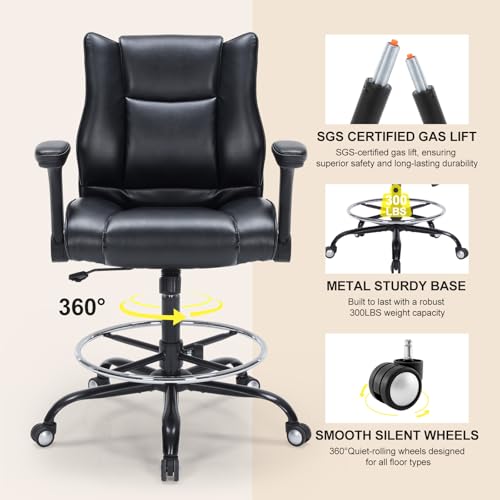 OLYFING Drafting Chair, Tall Office Chair with Padded Adjustable Arms and Footring PU Leather Standing Desk Chair with Extra Thicken Seat Cushion, Comfy High Office Chair for Counter Height Desk OLYFING